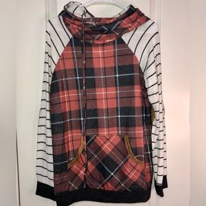 7th Ray Plaid Stripe Hooded Sweatshirt Elbow Patch New Size Large